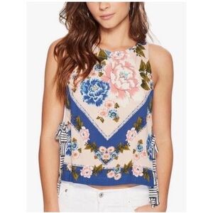 Free People This Sweet Love Floral Chevron Side Tie Blouse - Blue and Pink